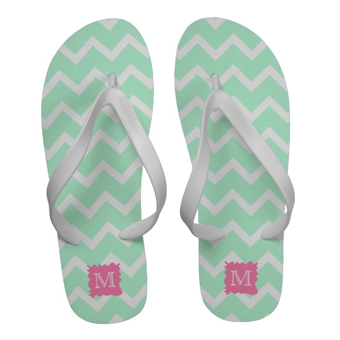 Mint Green Chevron Monogram Design with Pink Splat Flip Flops