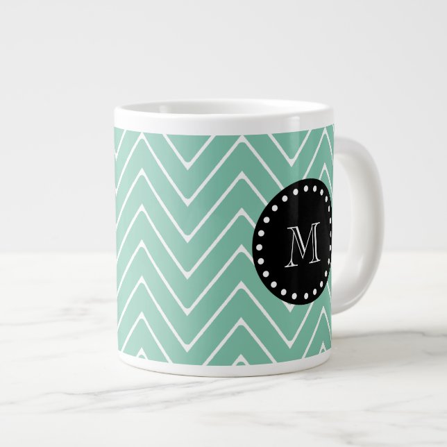 Mint Green Chevron Pattern | Black Monogram Giant Coffee Mug (Front Right)