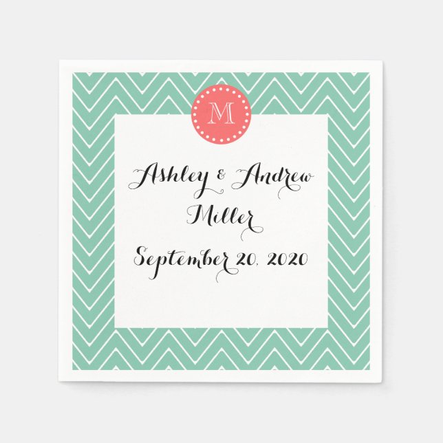 Mint Green Chevron Pattern | Coral Monogram Napkins (Front)