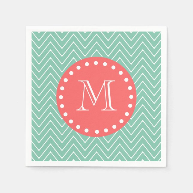 Mint Green Chevron Pattern | Coral Monogram Napkins (Front)