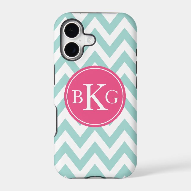 Mint Green Chevron & Pink Custom Monogram Iphone Case (Back)