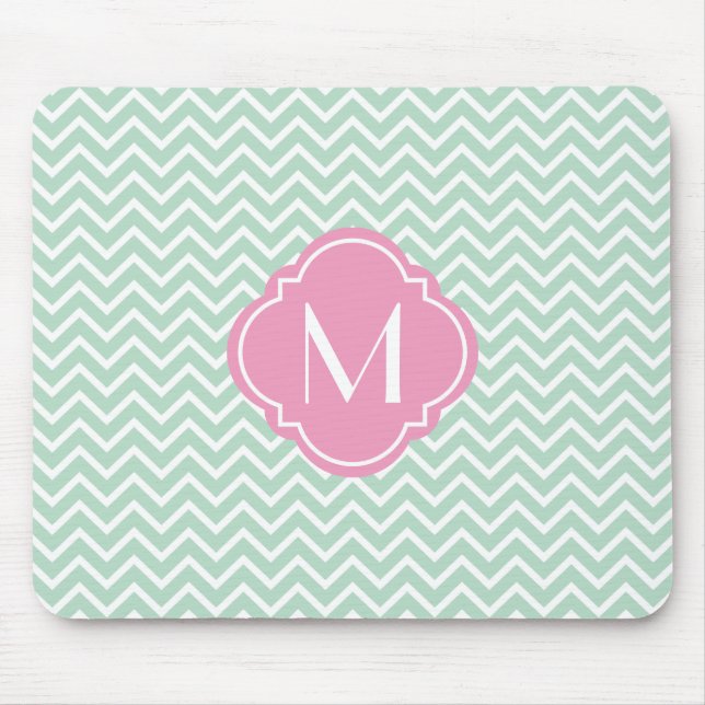 Mint Green Chevron Zigzag Stripes with Monogram Mouse Pad (Front)