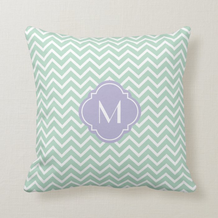 Mint Green Chevron Zigzag Stripes with Monogram Throw Pillow Zazzle