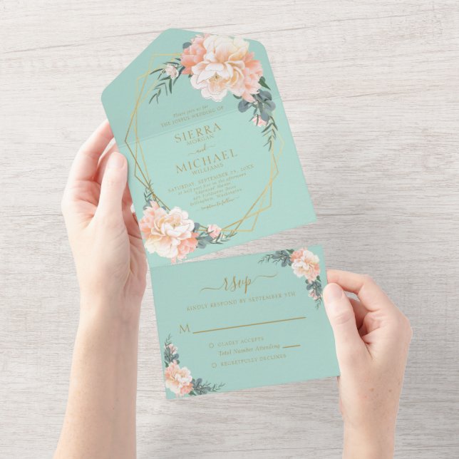 Mint Green Chic Blush Gold Peach Floral Wedding All In One Invitation (Tearaway)