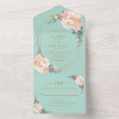 Mint Green Chic Blush Gold Peach Floral Wedding All In One Invitation (Inside)