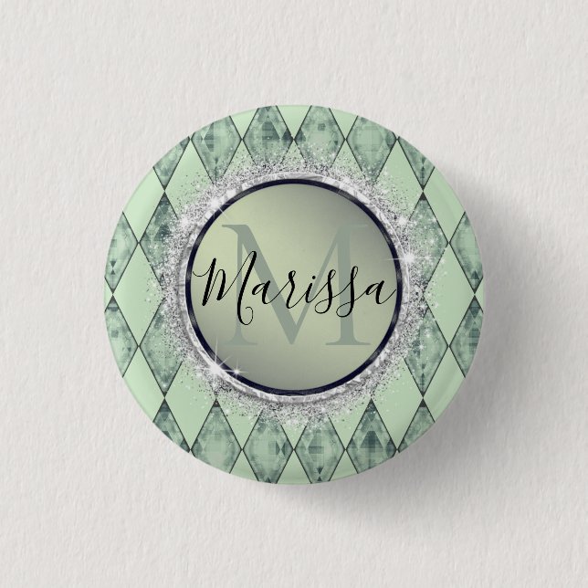 Mint Green Chic Harlequin Monogram   Button (Front)