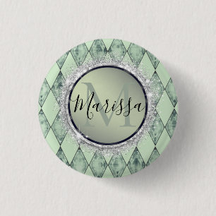 Mint Green Chic Harlequin Monogram Button