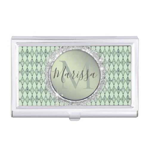 Mint Green Chic Harlequin Monogram Glitter    Business Card Case