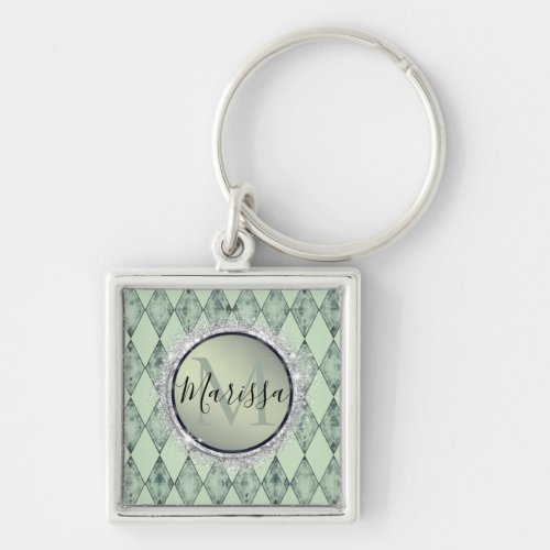 Mint Green Chic Harlequin Monogram   Keychain