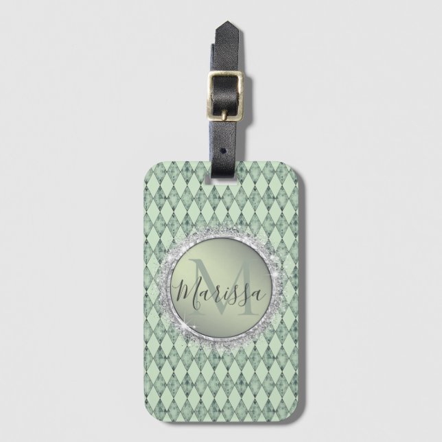 Mint Green Chic Harlequin Monogram    Luggage Tag (Front Vertical)