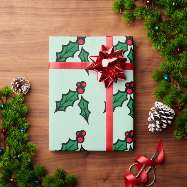 Mint Green Christmas Holly Wrapping Paper (Holiday Gift)