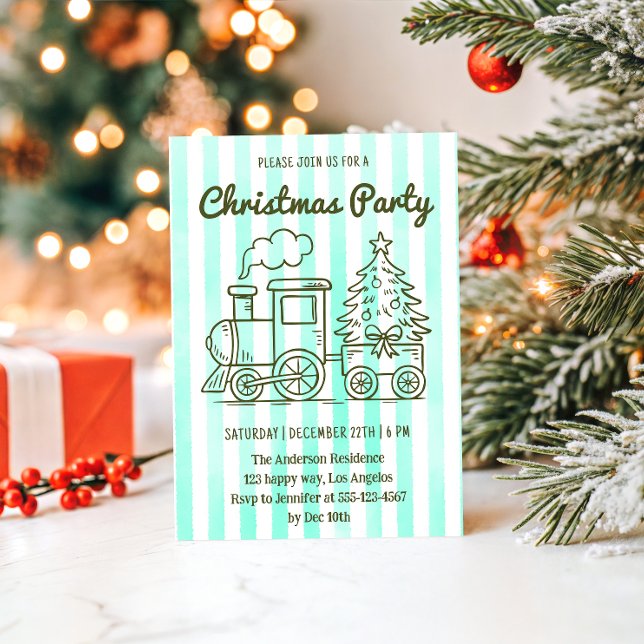 Mint Green Christmas Party with Train & Tree       Invitation (Creator Uploaded)