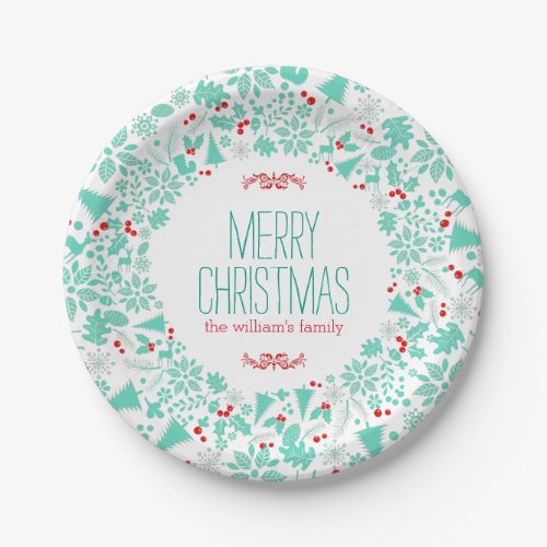 Mint Green Christmas Wreath Paper Plates