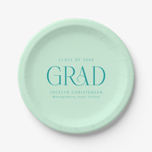 Mint Green Colorful Bold Personalized Grad Party Paper Plates (Front)