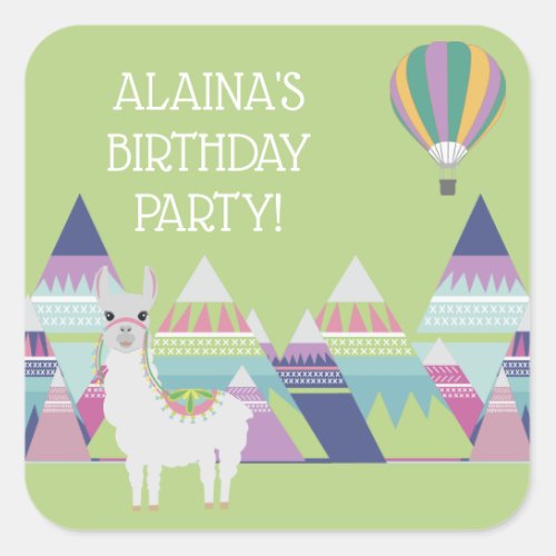 Mint Green Colorful Childs Alpaca Birthday Party Square Sticker