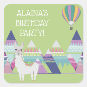 Mint Green Colorful Child's Alpaca Birthday Party Square Sticker