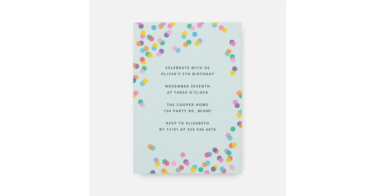 Mint Green Colorful Confetti Kids Birthday Party Invitation | Zazzle