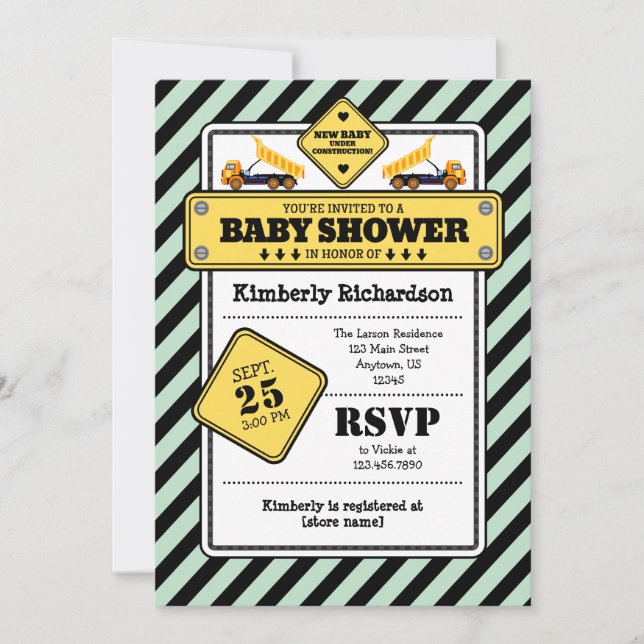 Mint Green Construction Baby Shower Invitation (Front)