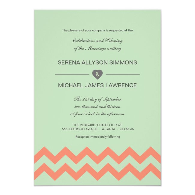 Mint Green & Coral Chevron Wedding Invitation