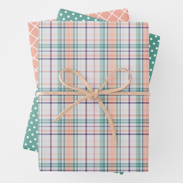 Mint Green Coral Orange Violet Stripes Polkadots Wrapping Paper Sheets (In situ)