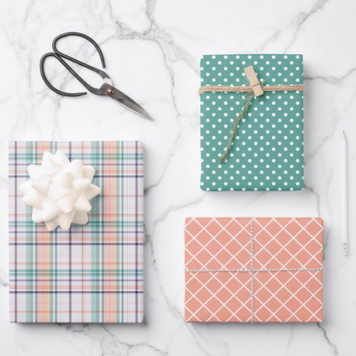 Mint Green Coral Orange Violet Stripes Polkadots Wrapping Paper Sheets
