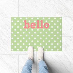 Mint Green Coral Pink and White Polka Dot Doormat