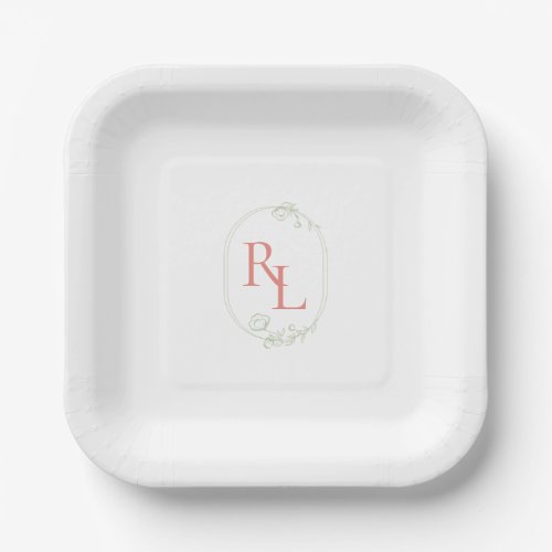 Mint Green  Coral Pink Couple Monogram Wedding  Paper Plates