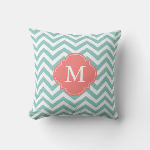 Mint Green Coral Zigzag Pattern Monogram Throw Pillow
