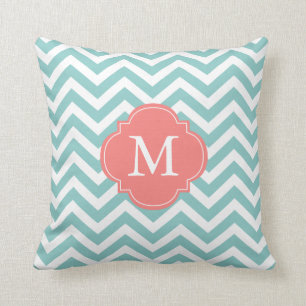 Mint Green Coral Zigzag Pattern Monogram Throw Pillow