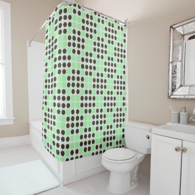 Mint Green Cream And Chocolate Chip Quilt Pattern Shower Curtain (In Situ)
