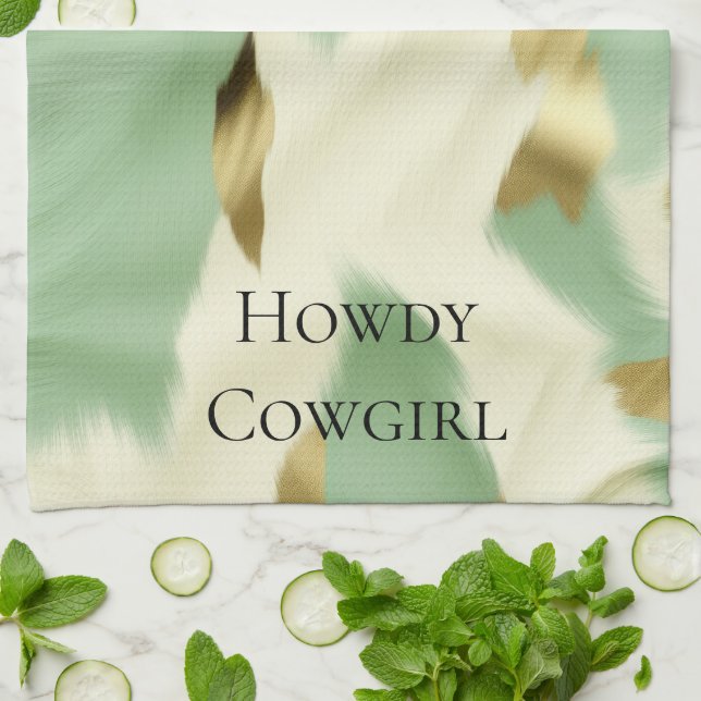 Mint Green Cream Gold Cowhide Kitchen Towel (Folded)