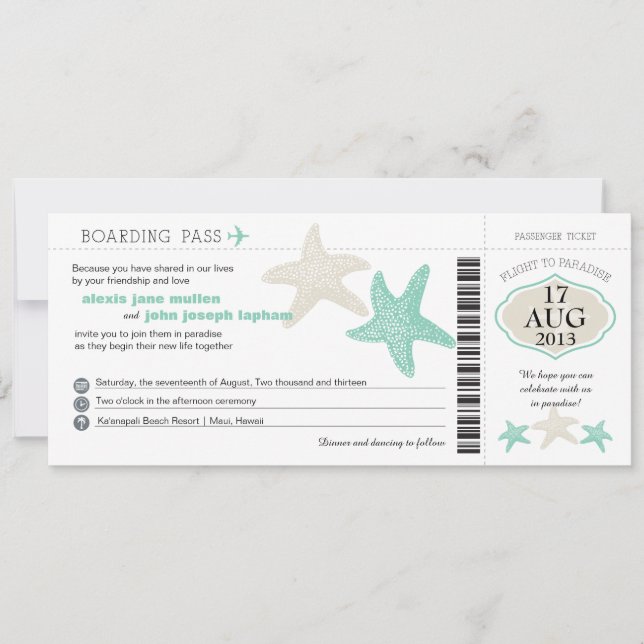 Mint Green Cream Starfish Boarding Pass Wedding Invitation (Front)