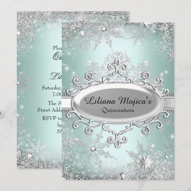 Mint Green Crystal Snowflake Princess Quinceanera Invitation (Front/Back)