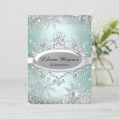 Mint Green Crystal Snowflake Princess Quinceanera Invitation (Standing Front)