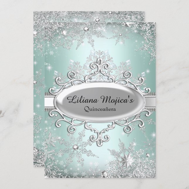 Mint Green Crystal Snowflake Princess Quinceanera Invitation (Front/Back)