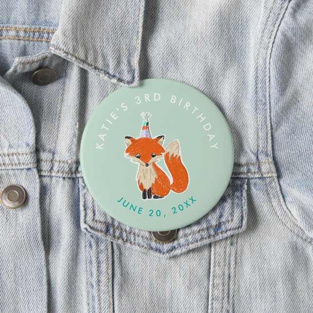 Mint Green Cute Fox Party Hat Woodland Birthday Button (In Situ)
