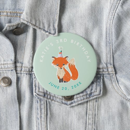 Mint Green Cute Fox Party Hat Woodland Birthday Button