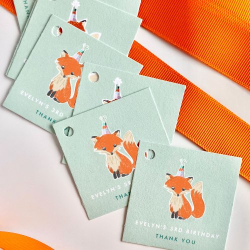Mint Green Cute Fox Party Hat Woodland Birthday Favor Tags