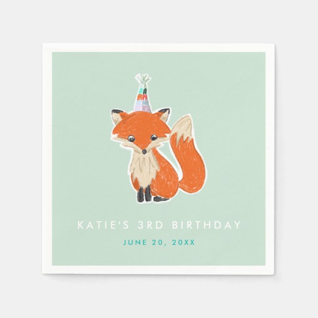 Mint Green Cute Fox Party Hat Woodland Birthday Napkins (Front)