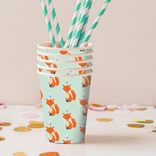 Mint Green Cute Fox Party Hat Woodland Birthday Paper Cups