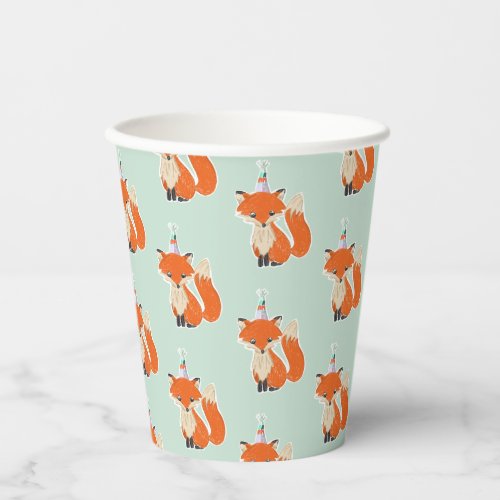 Mint Green Cute Fox Party Hat Woodland Birthday Paper Cups