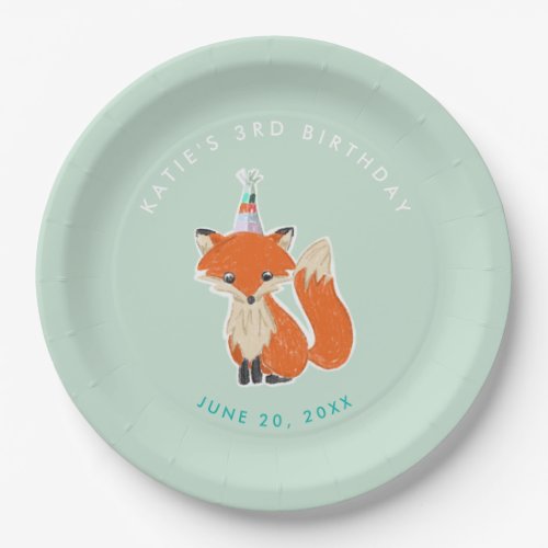 Mint Green Cute Fox Party Hat Woodland Birthday Paper Plates