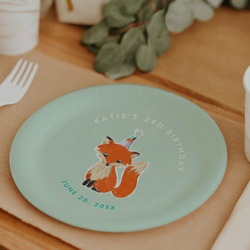 Mint Green Cute Fox Party Hat Woodland Birthday Paper Plates