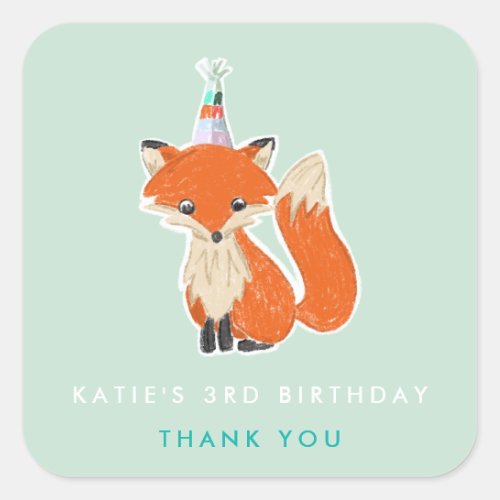 Mint Green Cute Fox Party Hat Woodland Birthday Square Sticker