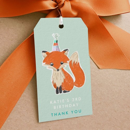 Mint Green Cute Fox Party Hat Woodland Thank You Gift Tags