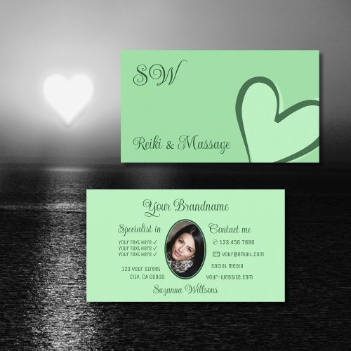 Mint Green Cute Heart Chic with Monogram and Photo Business Card