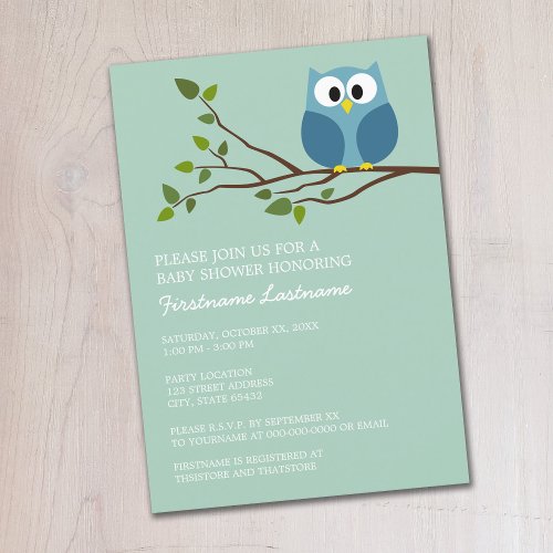 Mint Green Cute Owl on Branch Baby Boy Shower Invitation