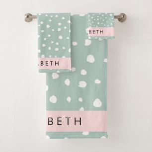 Mint Green Dalmatian Dots, Spots, Your Name Bath Towel Set