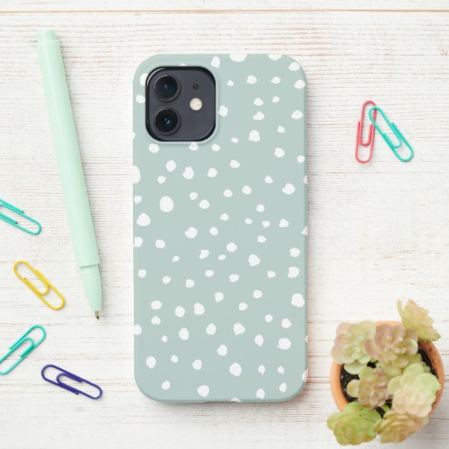 Mint Green Dalmatian Spots, Dalmatian Dots, Dotted iPhone Case (On Desk)