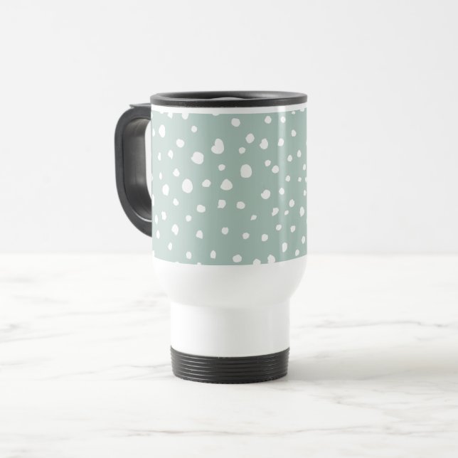 Mint Green Dalmatian Spots, Dalmatian Dots, Dotted Travel Mug (Front Left)
